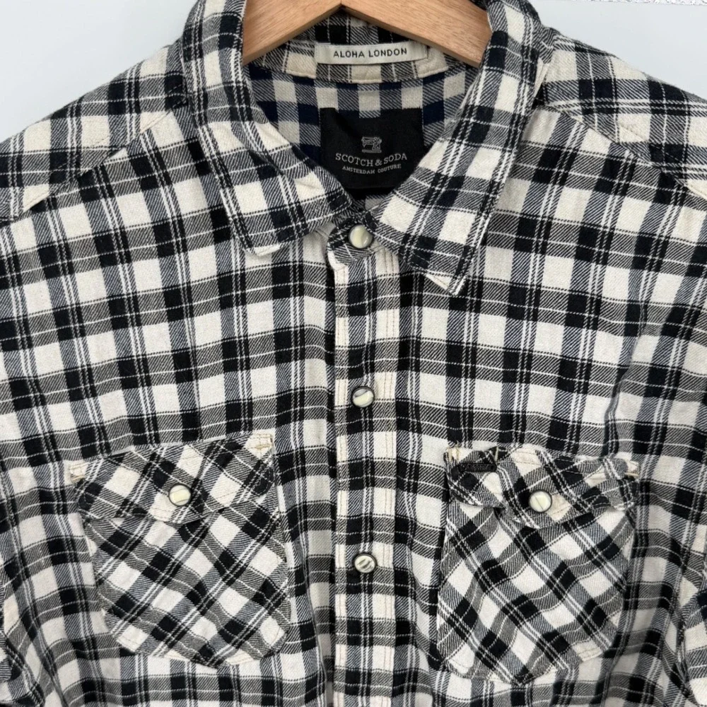 Scotch & Soda Aloha London M Black White Plaid Pearl Snap Shirt Cotton Linen 976